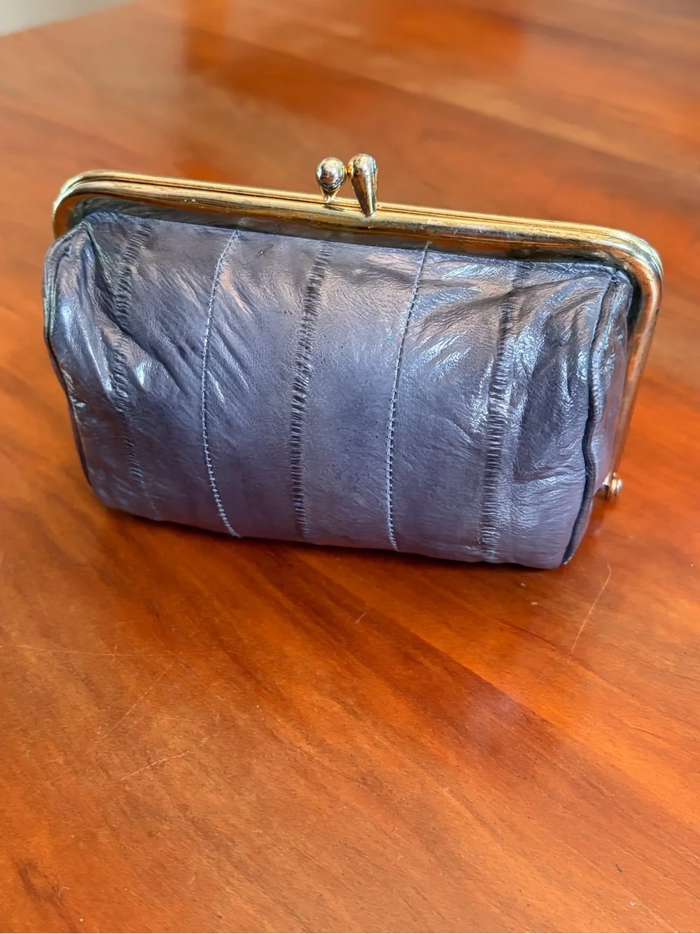 Classic Kiss-Lock Leather Clutch Wallet Cosmetic Case Eel Skin Grey